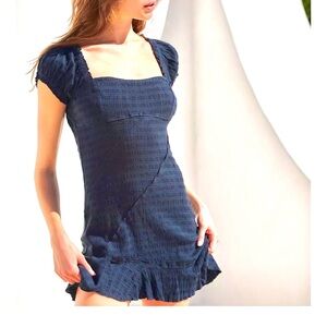 Free People  Elle Mini Dress Black Small Puff Sleeve Cotton